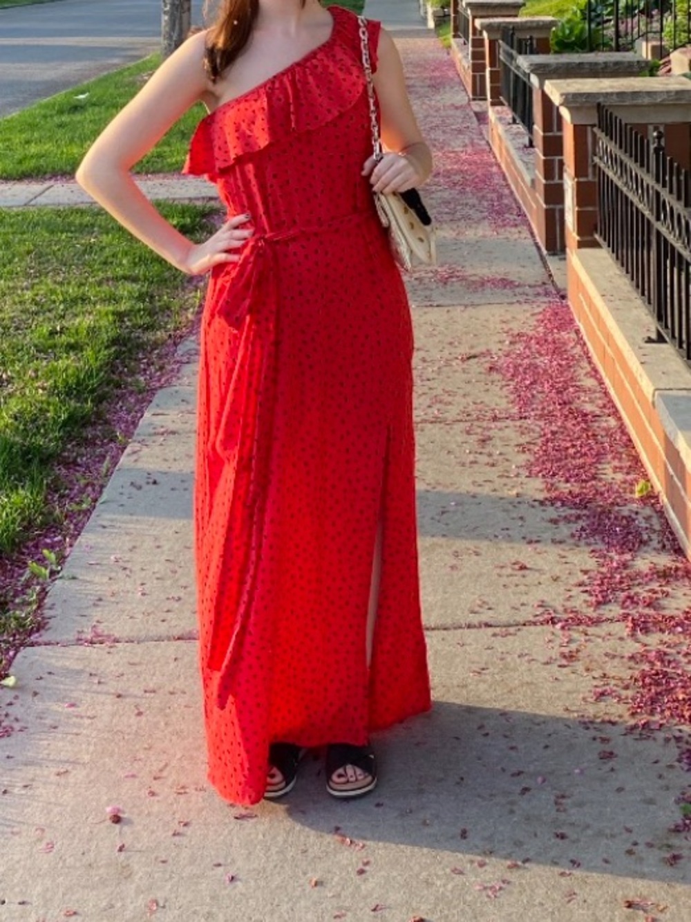Billabong One-Shoulder Watermelon Print Red Ruffle Maxi Dress